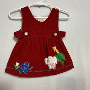 Vintage Red Elephant Giraffe Zoo Applique Corduroy Baby Apron Dress Tabard 6-9 M